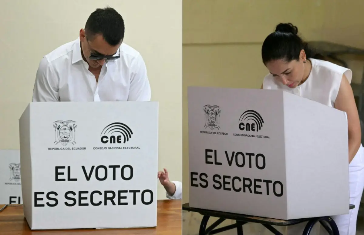 El presidente de Ecuador y candidato presidencial del partido Acción Democrática Nacional, Daniel Noboa (izba), votando acompañado por su hijo Álvaro en un colegio electoral de Olon, provincia de Santa Elena, Ecuador, el 9 de febrero de 2025, y la candidata presidencial de Ecuador para el partido Movimiento Revolucin Ciudadana, Luisa González, votando en un colegio electoral en Canuto, Ecuador, el 9 de febrero de 2025, durante las elecciones presidenciales. Unos 14 millones de ecuatorianos comenzaron a votar el domingo para decidir quién liderará a la nación andina devastada por la violencia a través de su peor crisis en medio siglo.