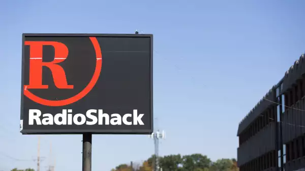 weathered RadioShack retail outlet sign outside under blue sky