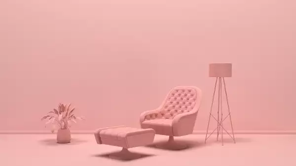 The interior of the room in plain monochrome light pink color with single armchair, floor lamp and decorative vases. Light background with copy space. 3D rendering