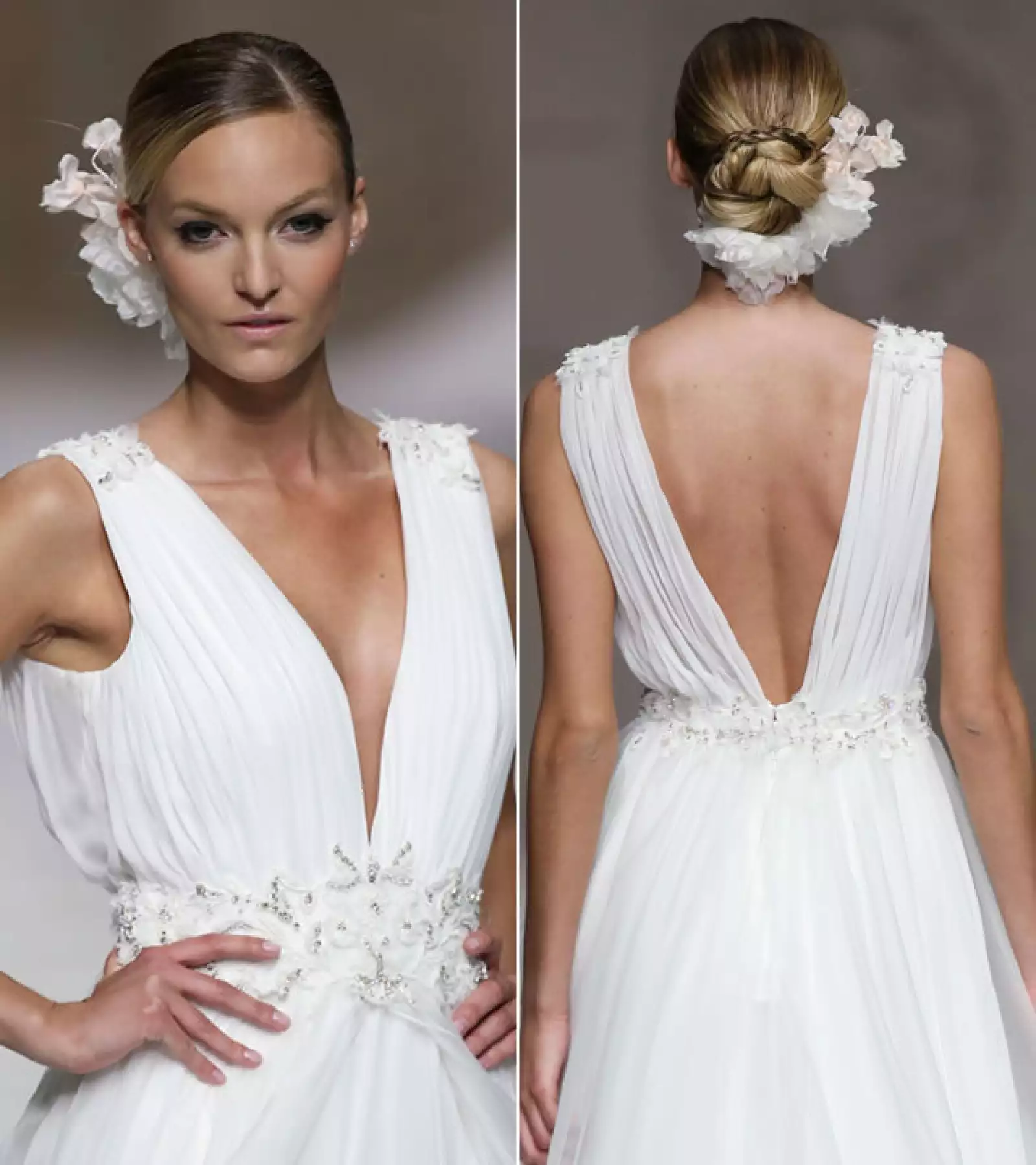 Pronovias: Los tocados de lado también sacan a relucir tu cara. Lleva unas flores, muy al estilo español, y un chongo con trenza que las levante y las haga lucir aún más.