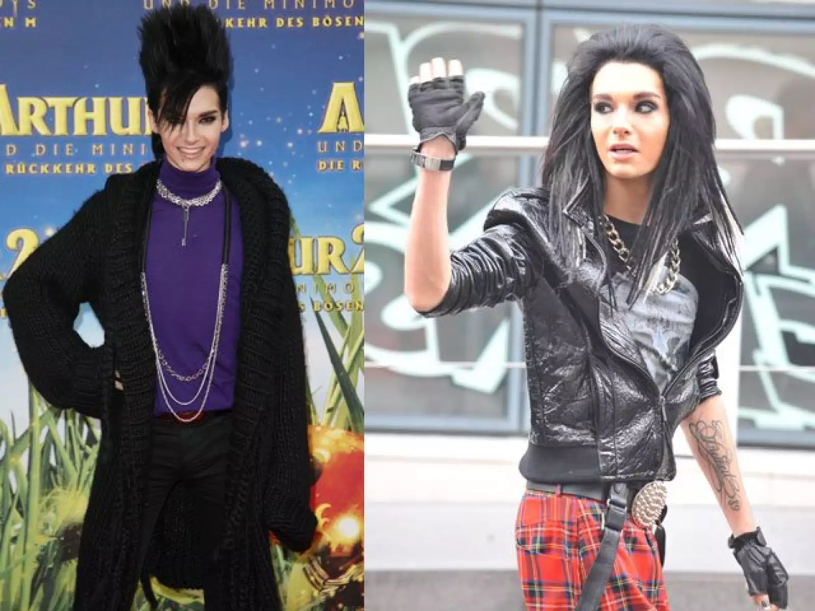 Bill Kaulitz, vocalista de Tokio Hotel, lleva la melena larga, a veces lacia y a veces tipo punk. El maquillaje es exagerado, lo que le da un estilo andrógino.