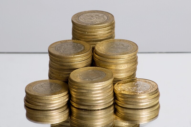 Stacks of Mexican ten peso coins
