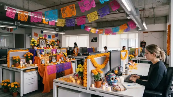 Una mujer joven sentada frente a un escritorio en una oficina, que está decorada con una ofrenda de día de muertos. 