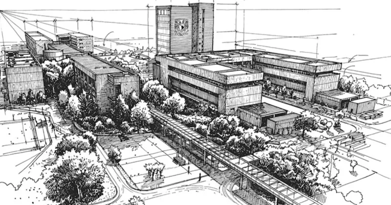 Boceto en varios tonos de grises con edificios, árboles y patios.jpg