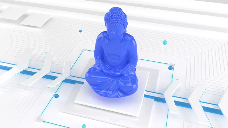 Buddha,Statuette,With,Modern,Environment.,Concept,Art,Technology,3d,Illustration.