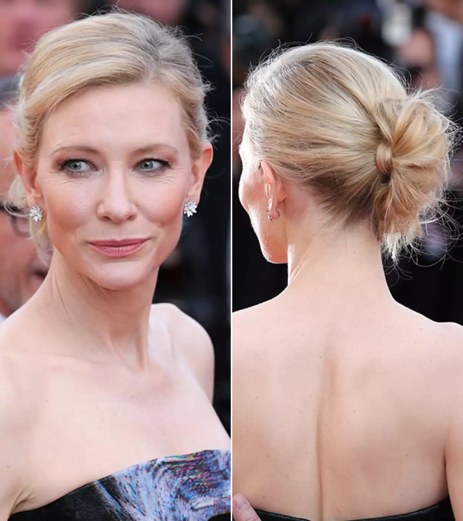Cate Blanchett también causó sensación en Cannes luciendo un chongo de lado y muy peculiar. Llevó los ojos con sombras claras pero con delineador y los labios en tono naranja nude.