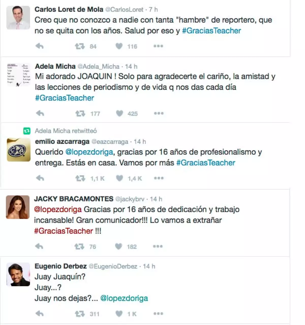 Estos fueron algunos de los tuits que algunas de las personalidades mexicanas publicaron tras la renuncia de López Dóriga.