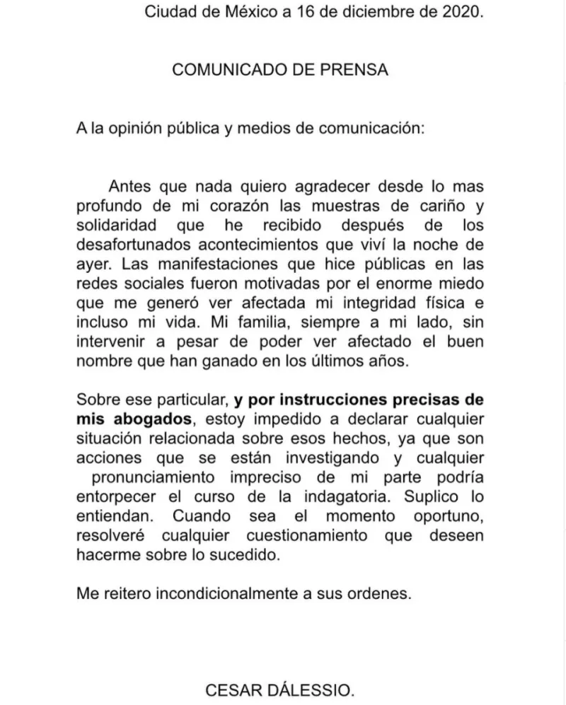 Comunicado de César D’Alessio 