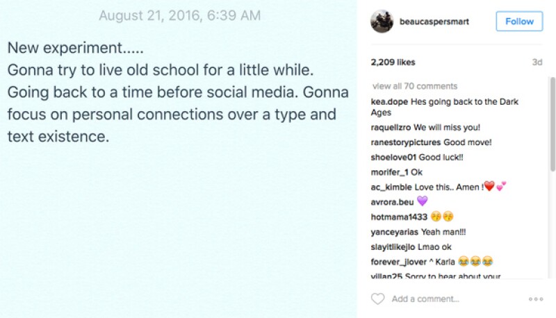 Casper Smart anunció con este post que se alejaba de las redes sociales por un tiempo.
