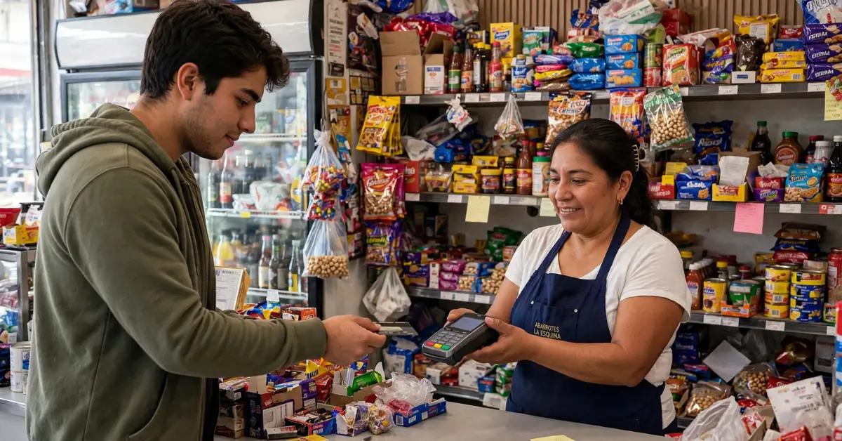 Un hombre joven pagando con tarjeta en una tienda de la esquina.