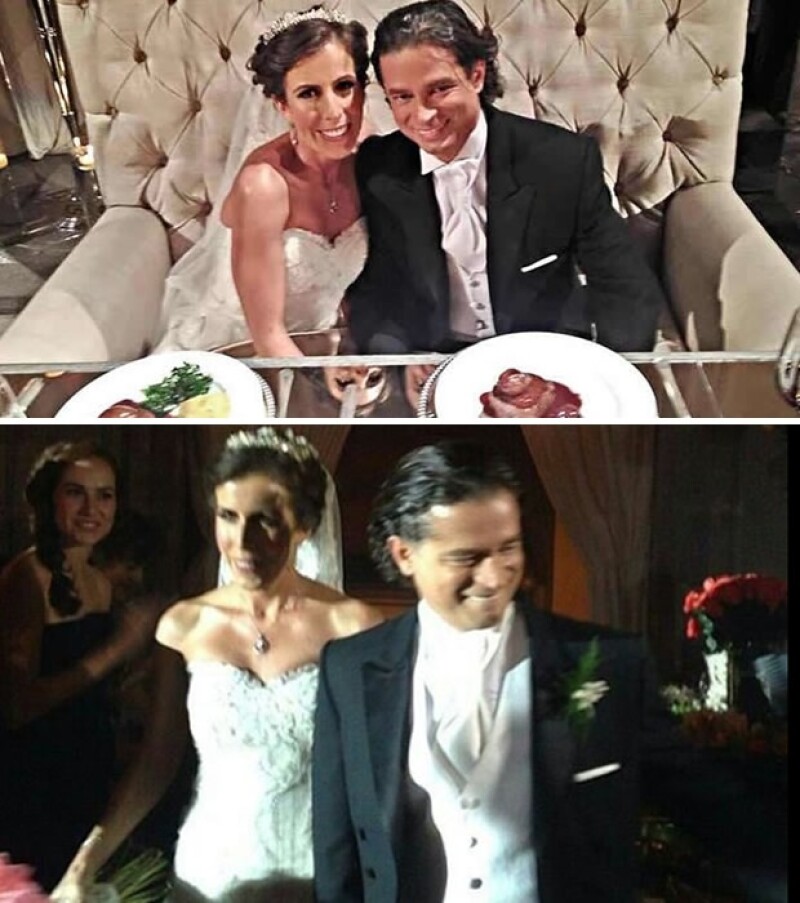 Chacho Gaytán y Mariana García en su mesa de novios y a la llegada al Centro de Banqueros.
