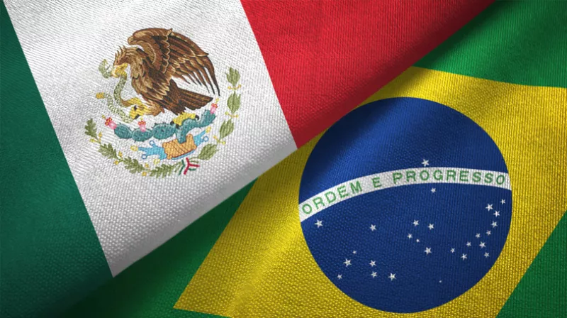 Brazil and Mexico two flags together textile cloth fabric texture