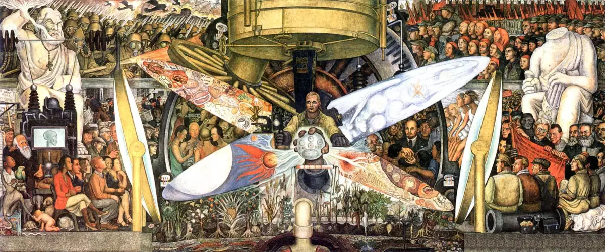 Foto del mural El hombre controlador del universo, que se exhibe en el palacio de bellas artes de cdmx.