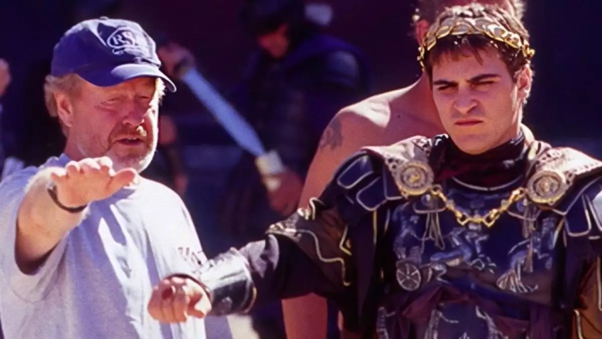 Ridley Scott y Joaquin Phoenix en el set de filmación de Gladiator. 