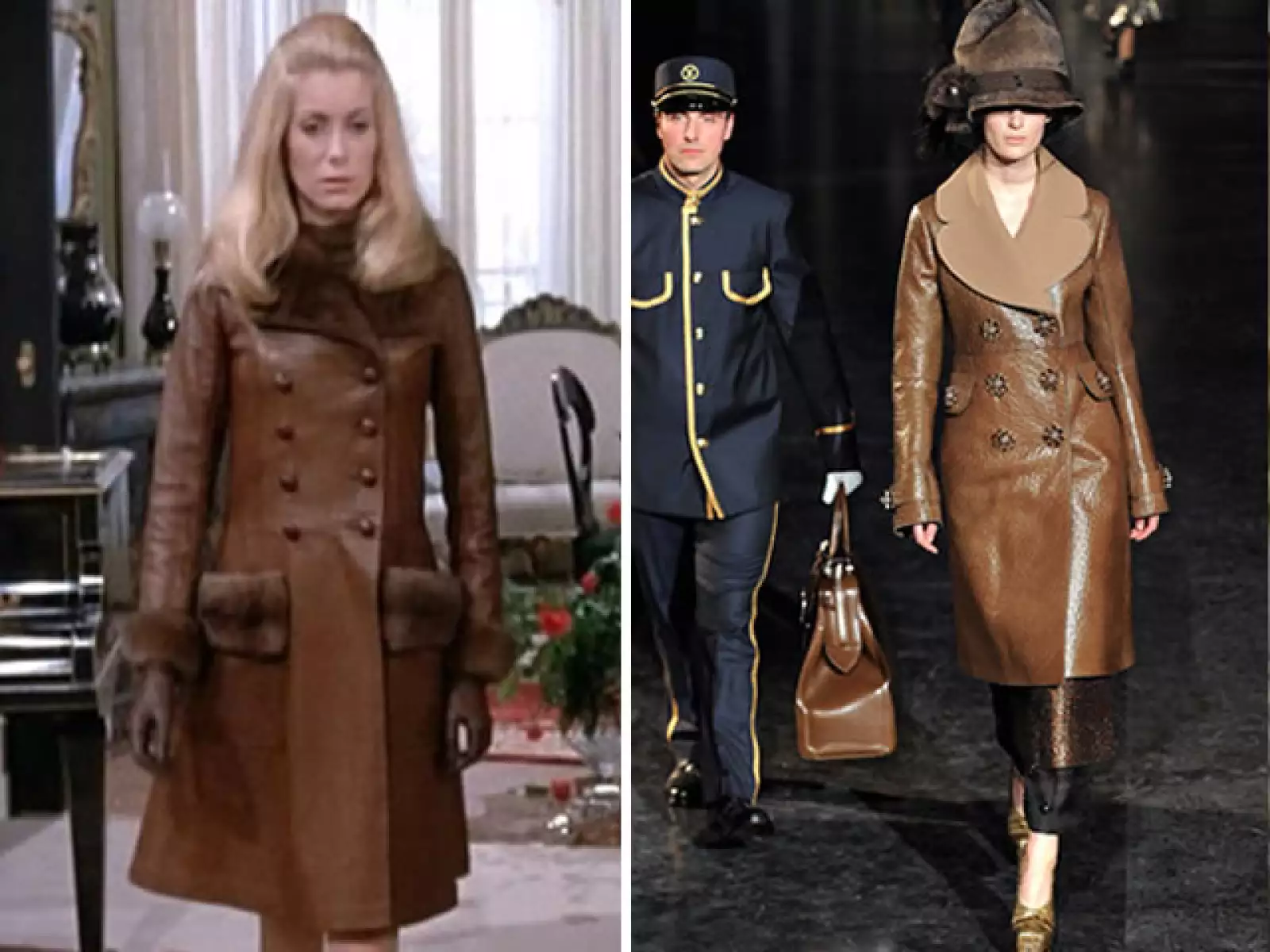 Marc Jacobs retomó para Louis Vuitton los abrigos con una mezcla de materiales mostrados en el filme.