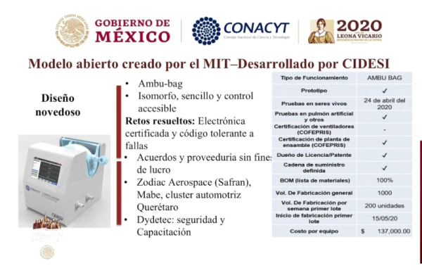 El modelo desarrollado a partir del diseño del MIT tiene un costo de 137,000 pesos, según la información del Conacyt.