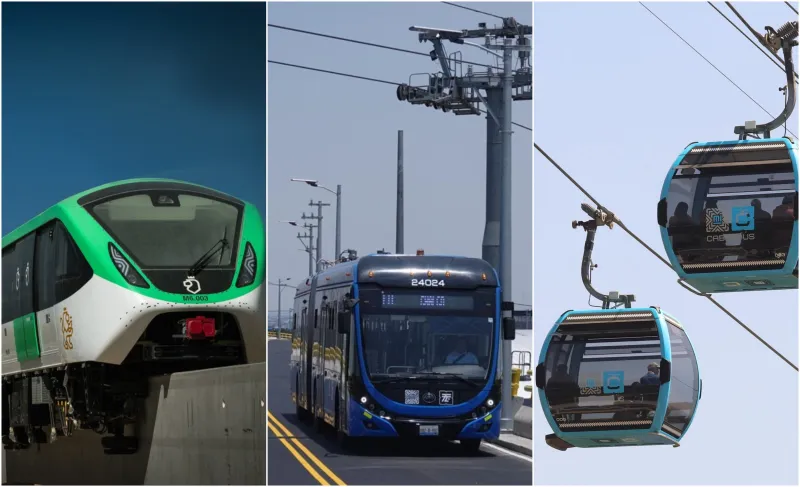 Un tren del monorriel de Monterrey a la izquierda; un Trolebús hacia Chalco en medio y dos cabinas del Cablebús de Ciudad de México a la derecha.