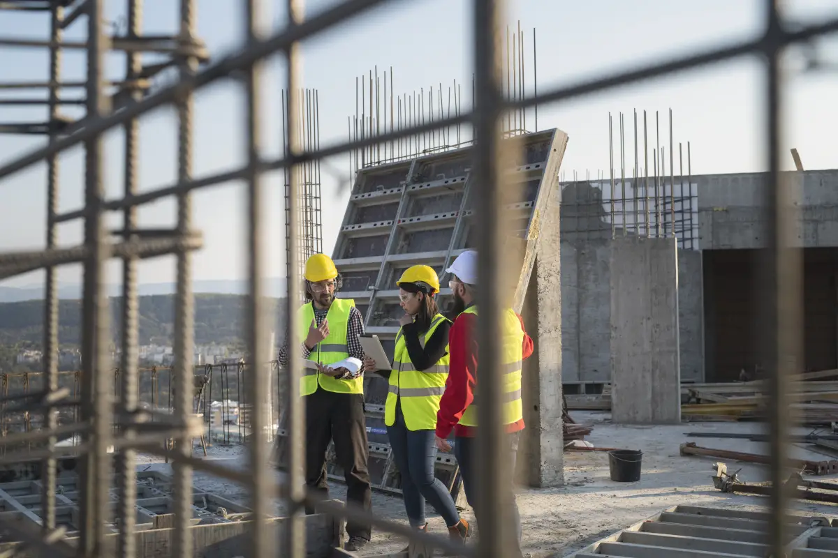 Construction workers discuss the building plans.