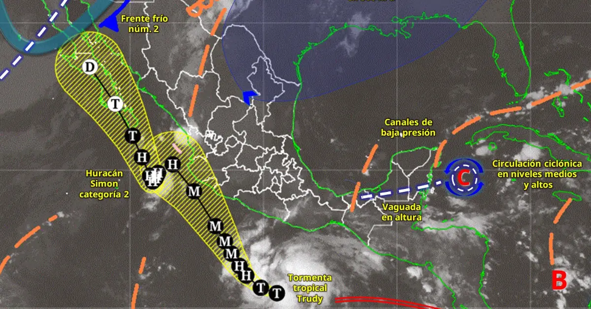 Mapa satelital de México en color gris y líneas de color amarillas, verdes y naranjas que señalan fenómenos.jpg