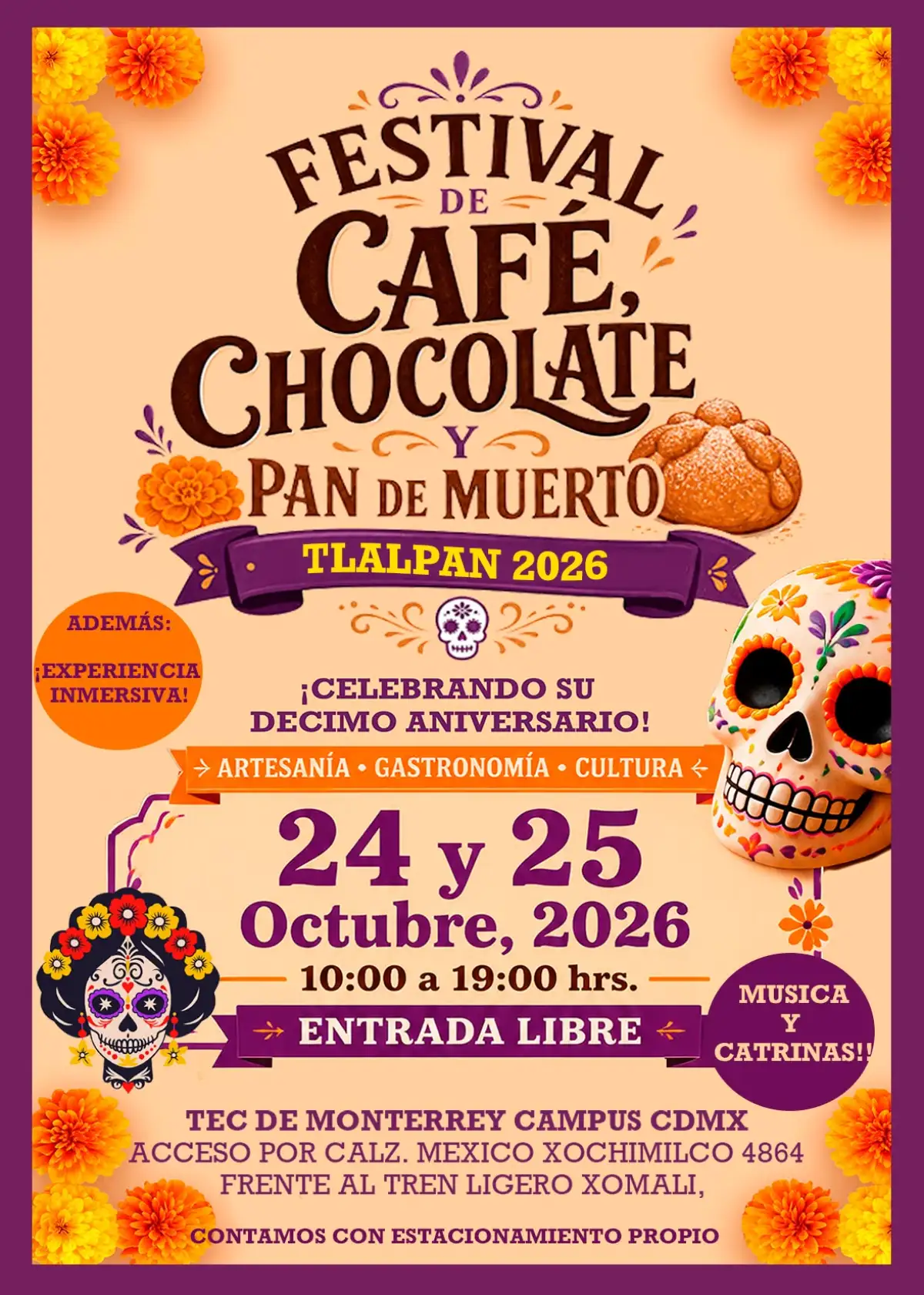 Cártel del Festival del Café, chocolate y pan de muerto en color naranja.jpg