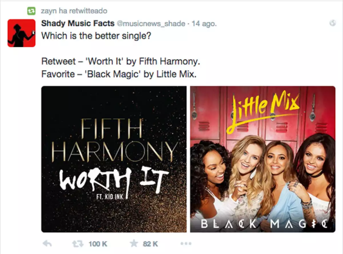 Con este tuit, Zayn mostró su favoritismo por la banda contrincante de Little Mix, agrupación de la que Perrie es miembro.