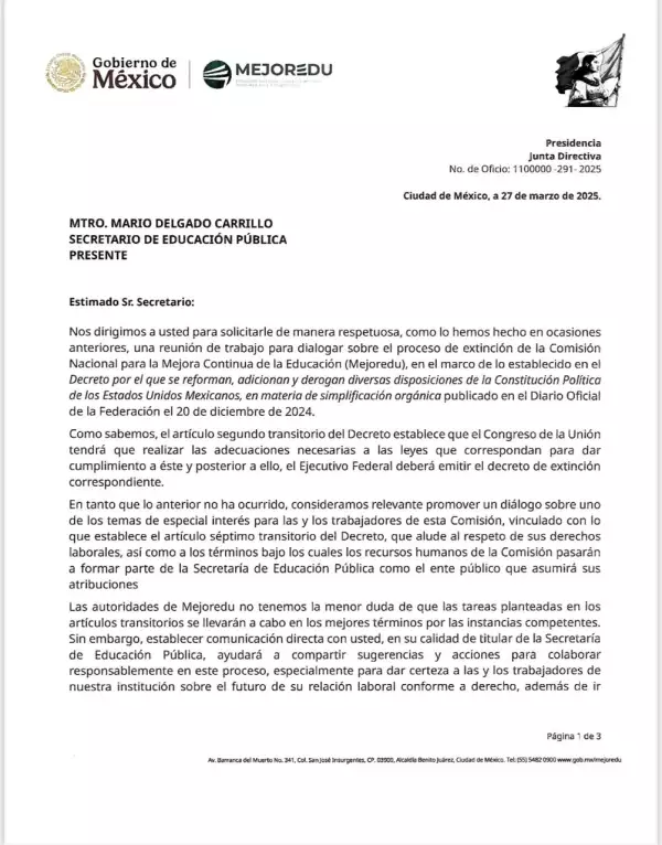 Trabajadores de Mejoredu solicitan reunión con Mario Delgado, titular de la SEP