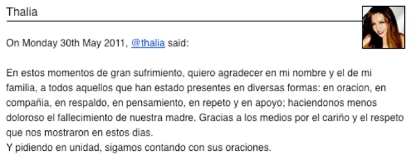 La cantante agradeció a sus seguidores en la famosa red social por haber estado con ella en diversas formas durante la muerte de su mamá, Yolanda Miranda Mange.