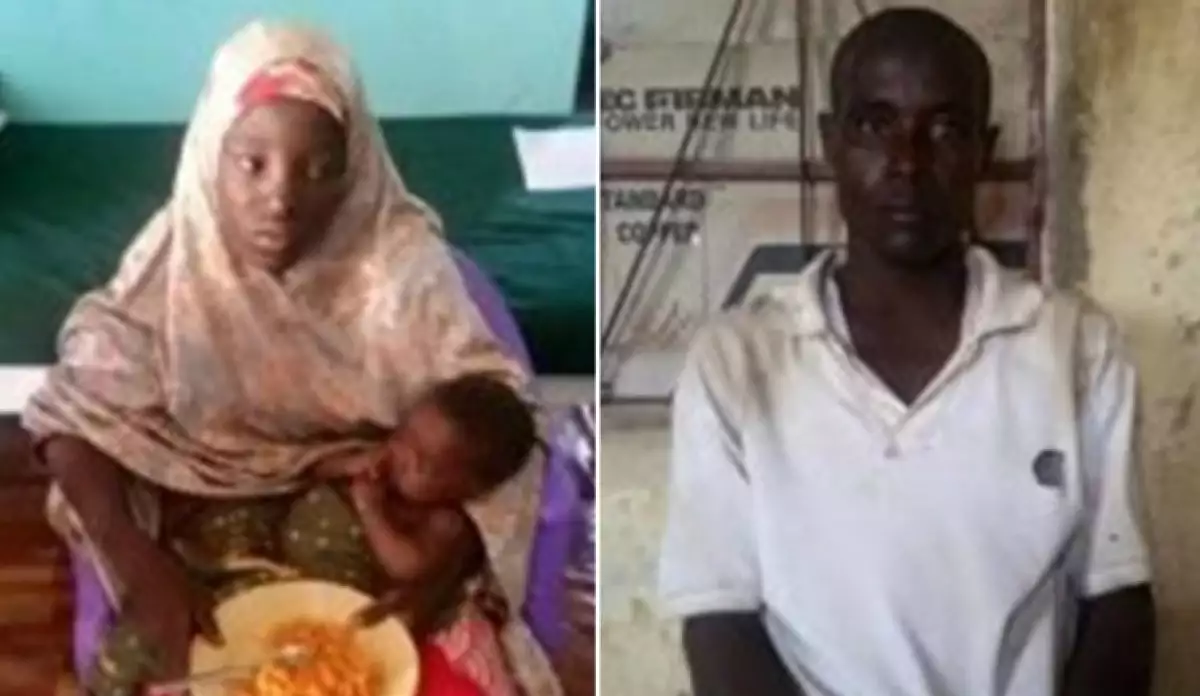 Amina Ali Nkeki y su bebé, junto a un hombre al que se le señala como su esposo.
