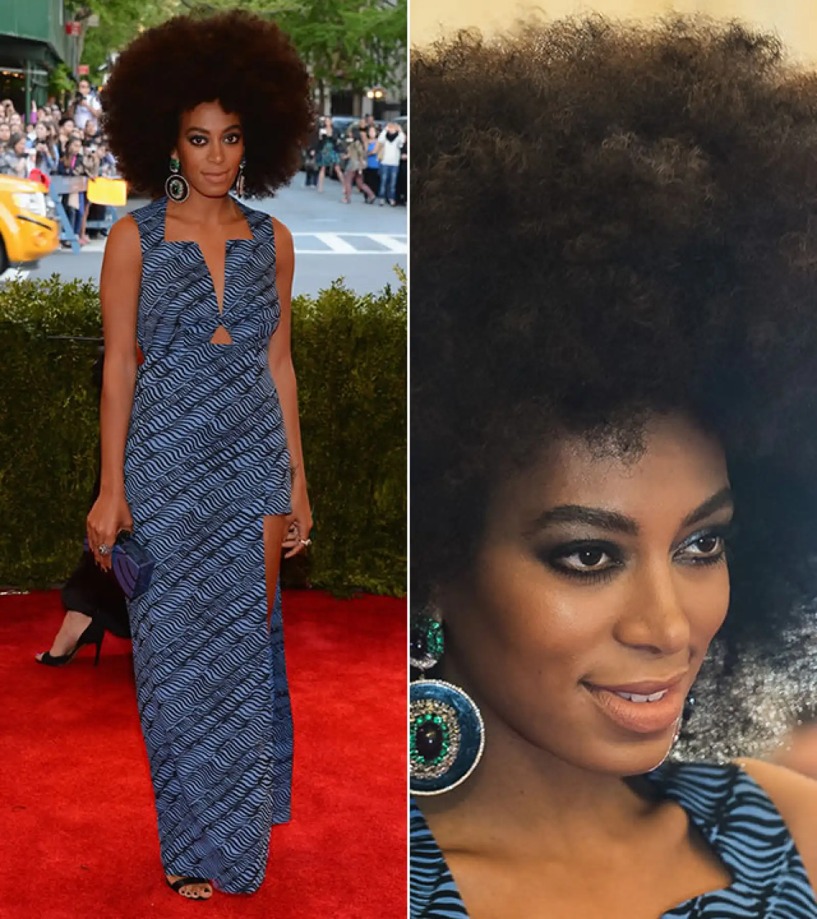 Met Gala 2013: Seguimos viendo su amor por los estampados. Aquí llevó un vestido de Kenzo abierto en una pierna. Llevó un gran afro y unos aretes statement que resaltaron el look.