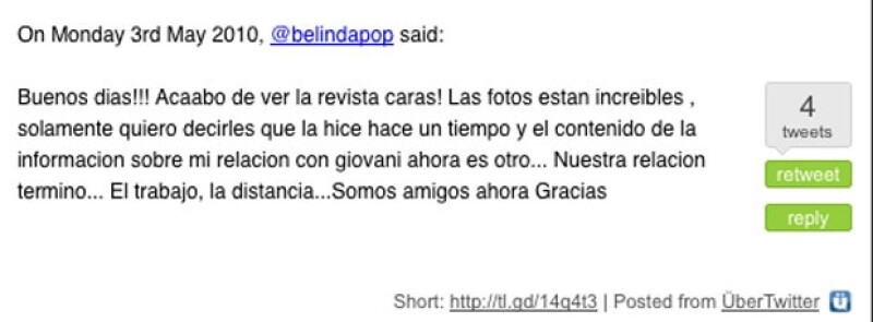 Mediante un mensaje que escribió la actriz en su Twitter, dio a conocer que ella y Gio ahora sólo eran amigos.
