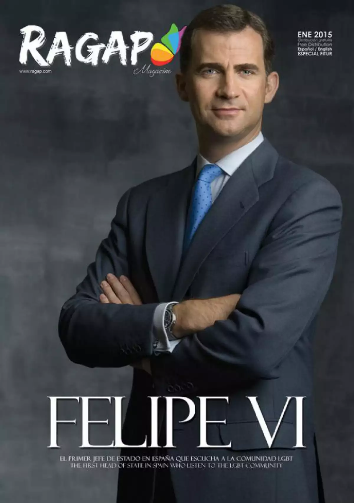Felipe VI engalana el número de enero de Ragap, publicación española de temática homosexual, convirtiéndose en el primer jefe de estado de España que figura en este sentido.
