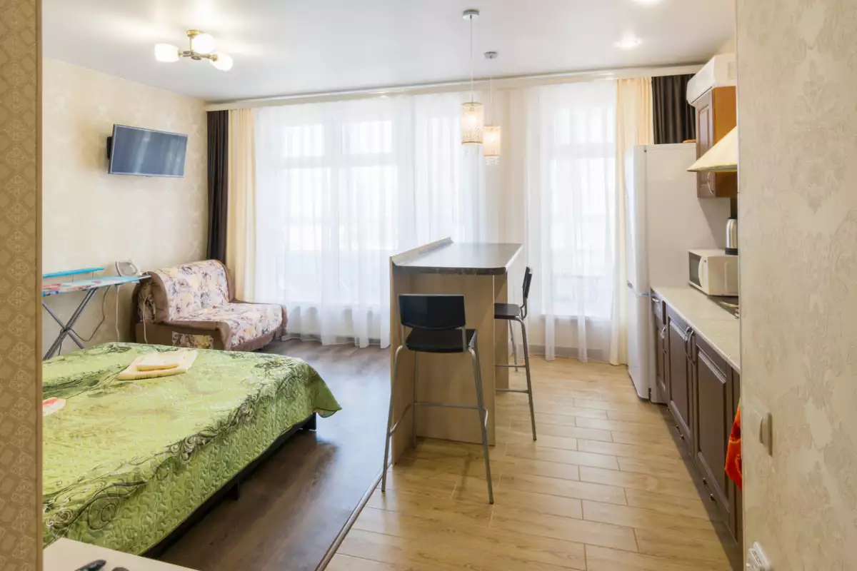 Interior of a small studio room, overall plan