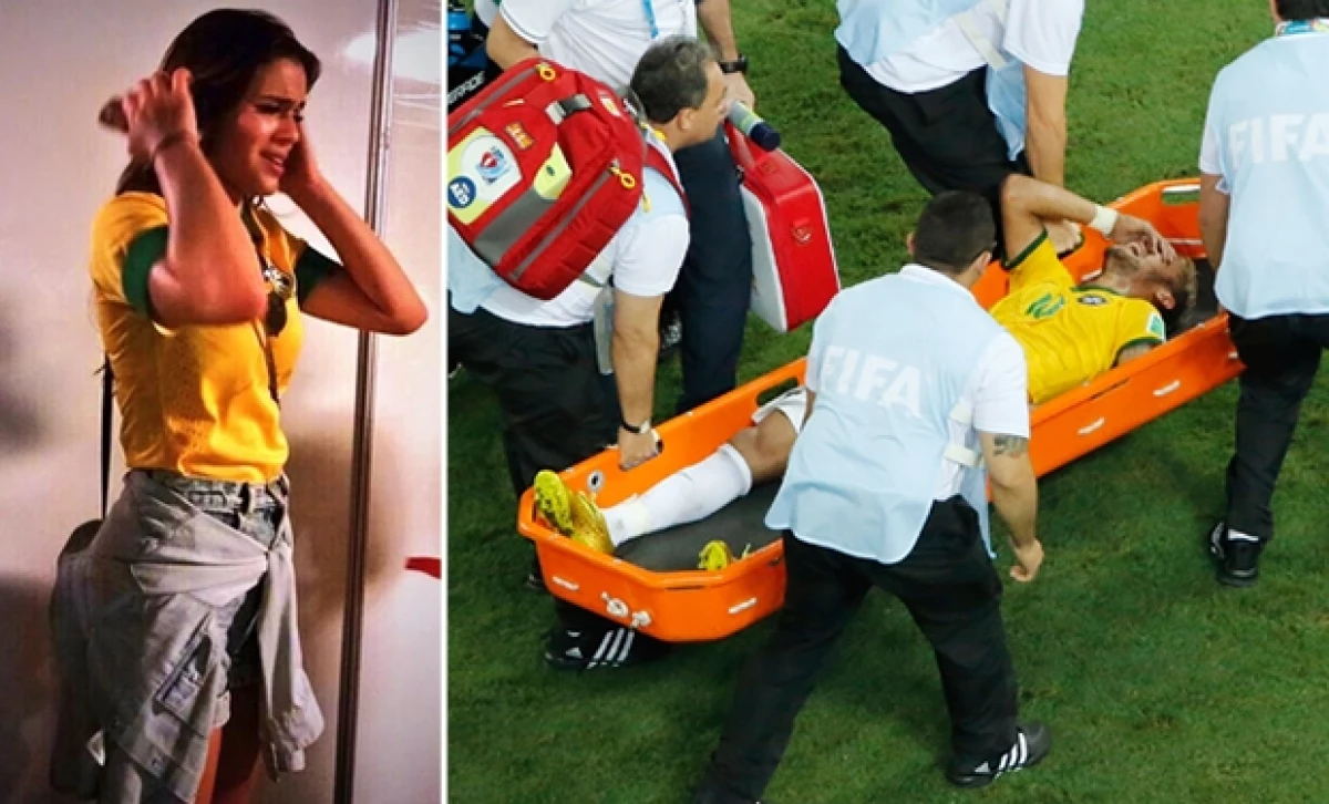 Bruna Marquezine, novia del jugador de Brasil no pudo contener el llanto al momento de acompañarlo hacia el hospital, tras recibir el golpe que lo dejó fuera de la contienda.