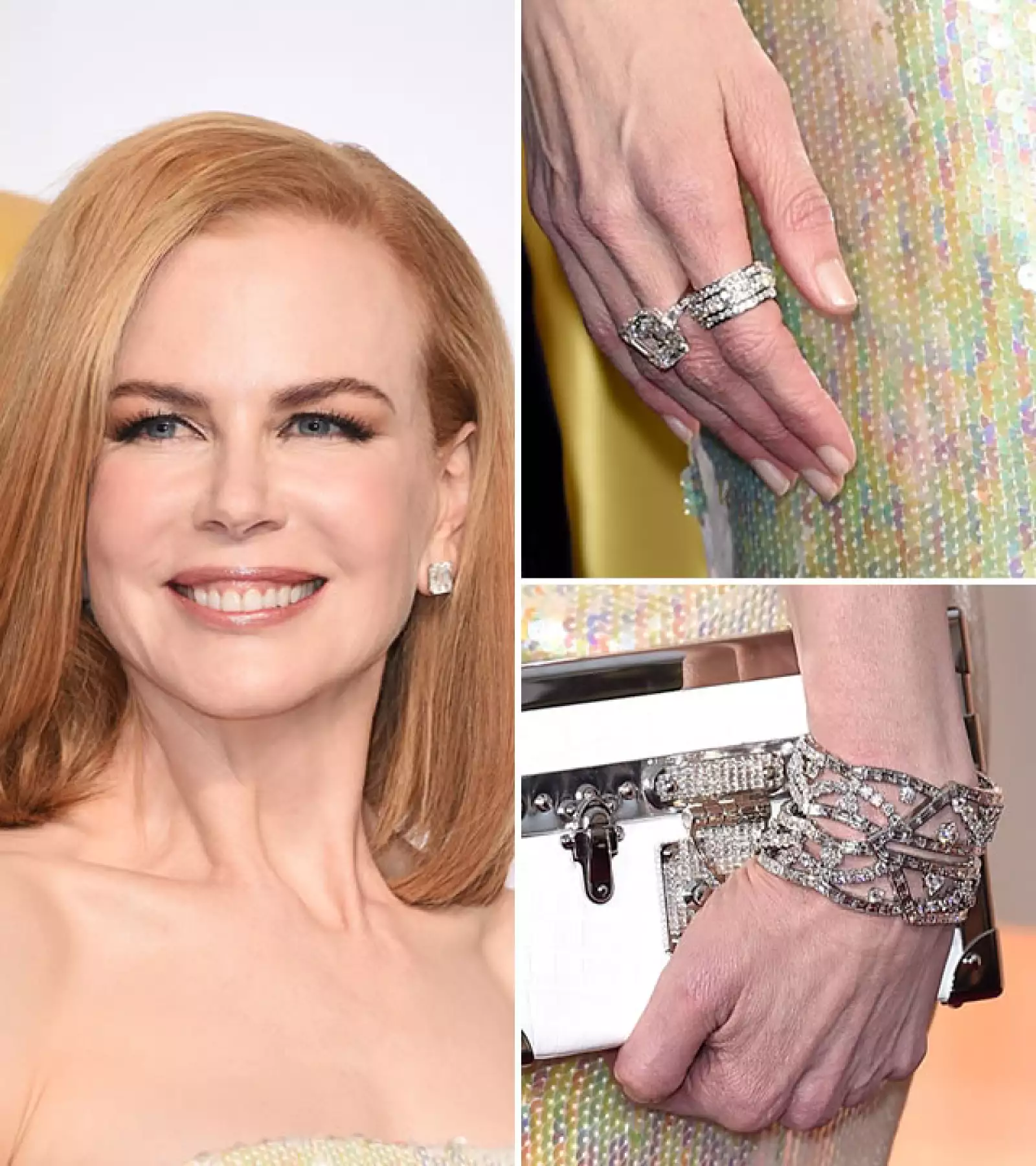 Despampanante como siempre, Nicole Kidman usó más de $7 millones de dólares en diamantes de Harry Winston. Sus aretes eran de 7k, la pulsera de diamante Cartan de 82k, un anillo solitario de esmeralda y diamante de 16.5k y una banda de anillos de diamantes de 5.3k.