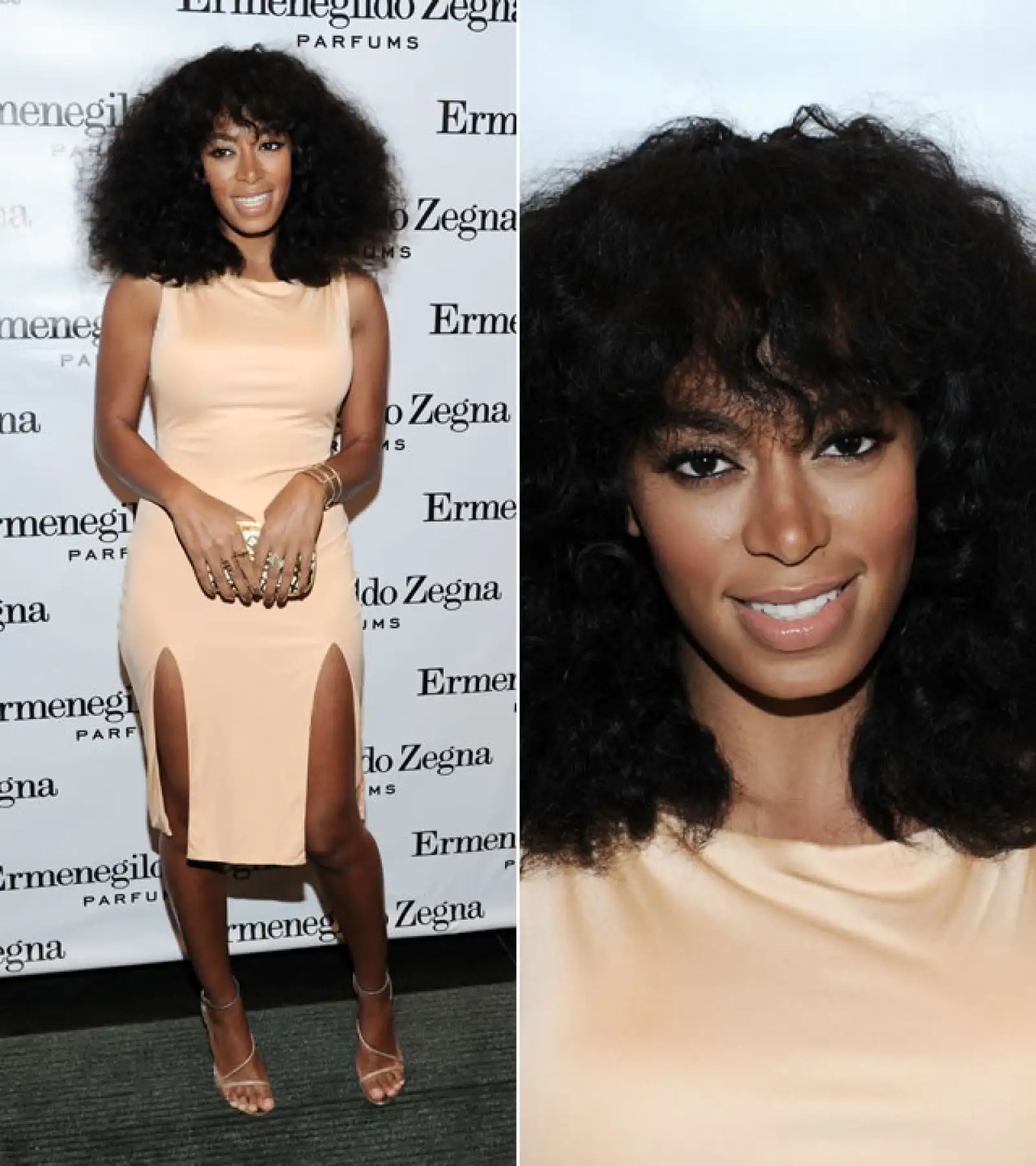 Apertura boutique Ermenegildo Zegna 2012: Para esta ocasión en Nueva York, la cantante y DJ llevó un vestido de jersey en tono durazno de Olcay Gulsen. Llevó el pelo en afro con fleco y nude lips.