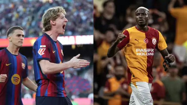 Composición con jugadores del Barcelona y del Galatasaray durante partidos de futbol, vestidos con los uniformes de ambos clubes.