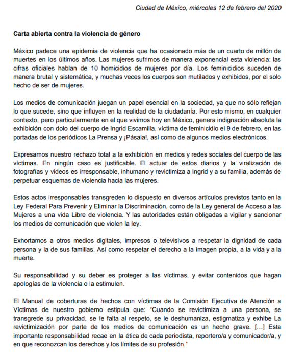 Carta abierta contra la violencia de género