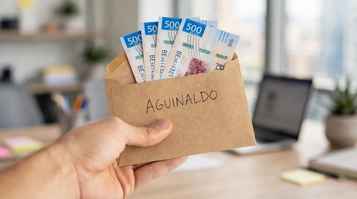 Un sobre con dinero y aguinaldo escrito, en el fondo una oficina.