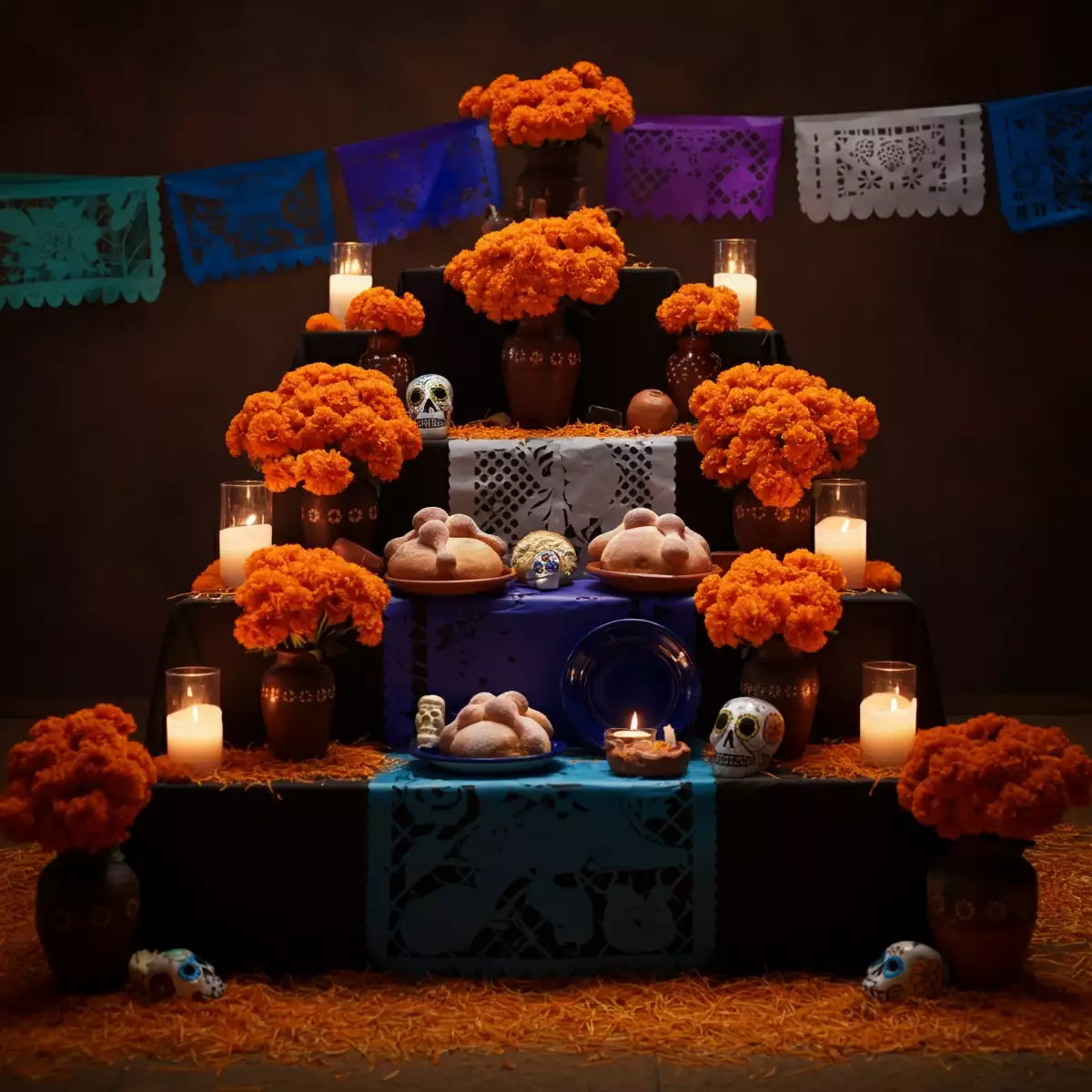 Traditional,Mexican,Dead,Altar,That,Has,3,Levels,,Cempasúchil,Flower,