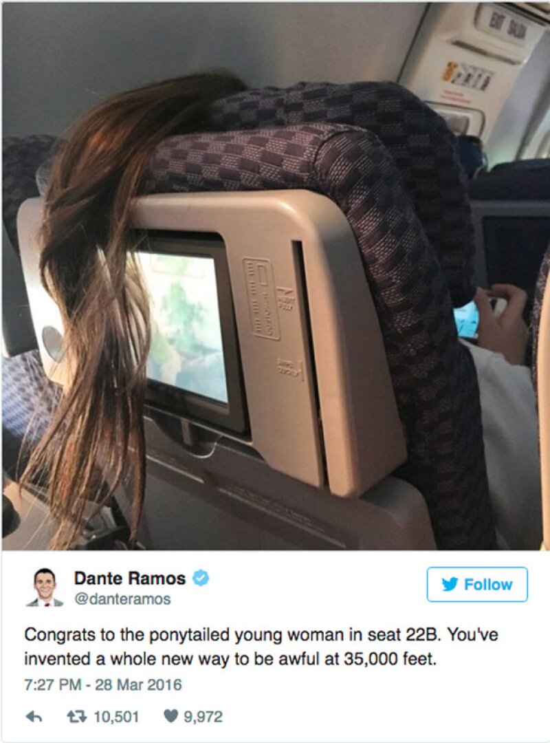 Dante Ramos, un columnista de Boston Globe, publicó una foto en la que se queja de una cola de caballo de una mujer durante su vuelo de Houston a Boston.