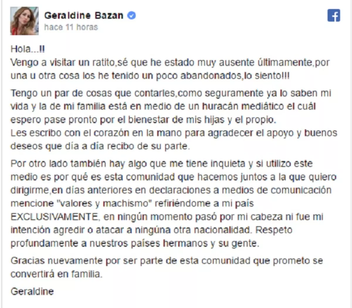 Esto fue lo que publicó a través de Facebook.