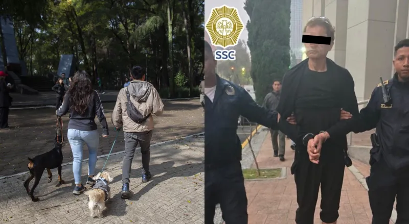 Dos personas paseando a sus perros en el Parque España (izquierda) y un sujeto detenido por envenenar perros (derecha).
