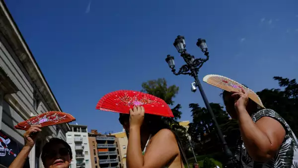 Los ciudadanos peruanos Sadith Ushinagui, de 74 años, Alisson Carrillo, de 29 años, y Carol Ore, de 50, se protegen del sol con los aficionados mientras esperan entrar en el Palacio Real durante la tercera ola de calor del verano en Madrid, España, el 8 de agosto de 2023. REUTERS/Susana Vera