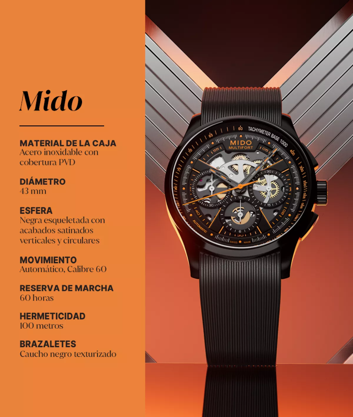Imagen con las características del Multifort Skeleton Chronograph de Mido.