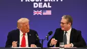 El presidente de los Estados Unidos, Donald Trump, y el primer ministro del Reino Unido, Keir Starmer, anuncian un acuerdo entre los dos países mientras celebran una conferencia de prensa en Chequers al final de una visita de estado el 18 de septiembre de 2025 en Aylesbury, Inglaterra.