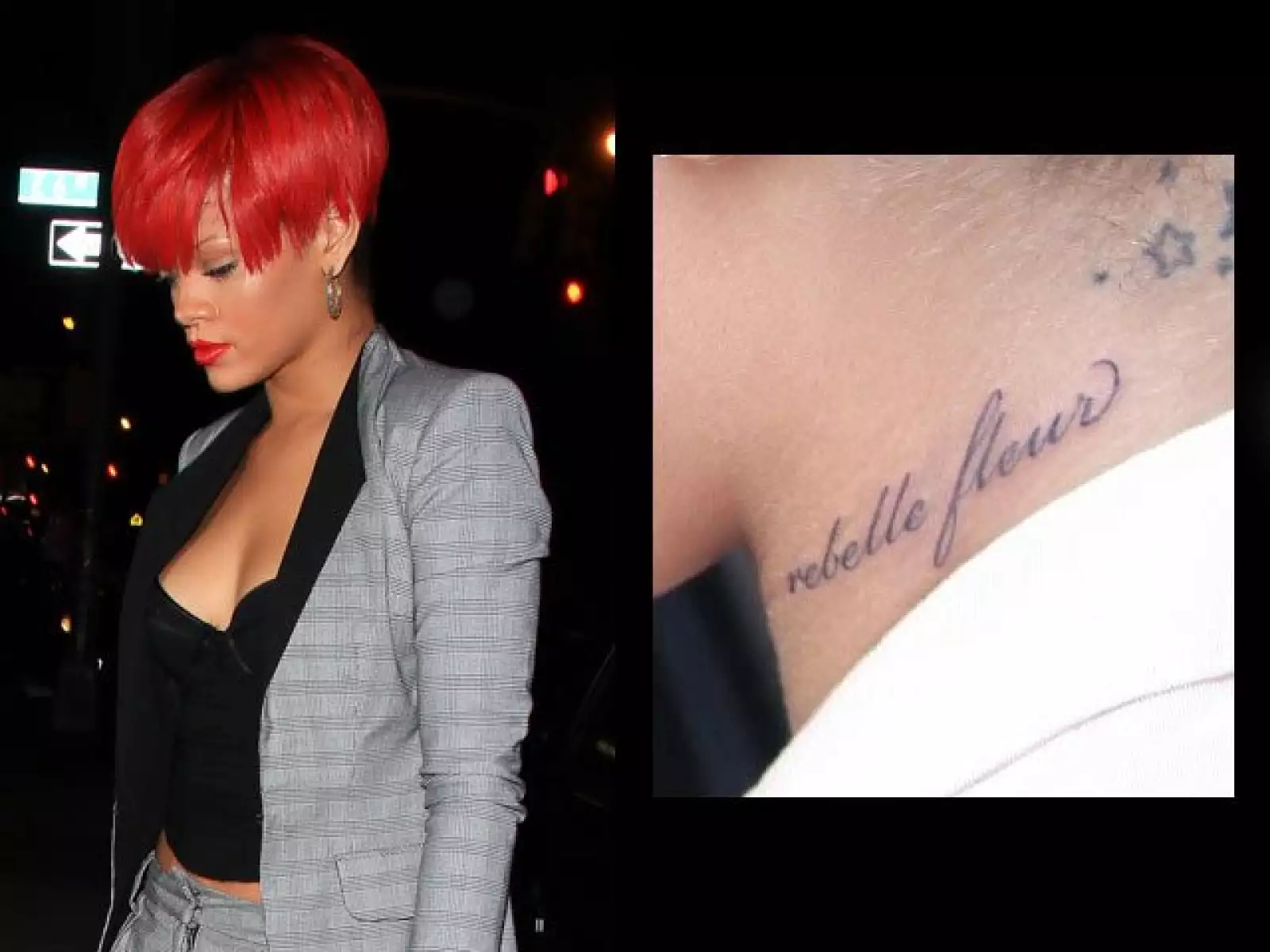 La cantante se ha tatuado en el cuello `rebelle fleur´, flor rebelde en francés. añadiendo uno más a su larga lista de tattos que ya tiene en su anatomía.