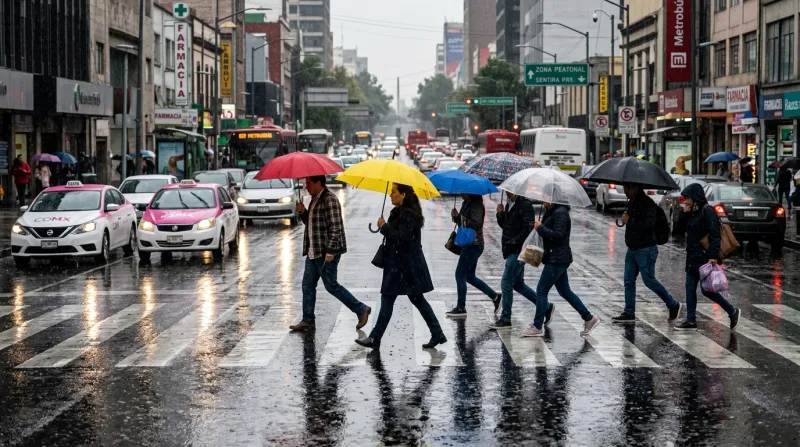 Personas cruzan la calle en CDMX con fuertes lluvias.