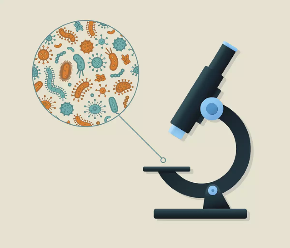 Green and orange germs being viewed by a microscope