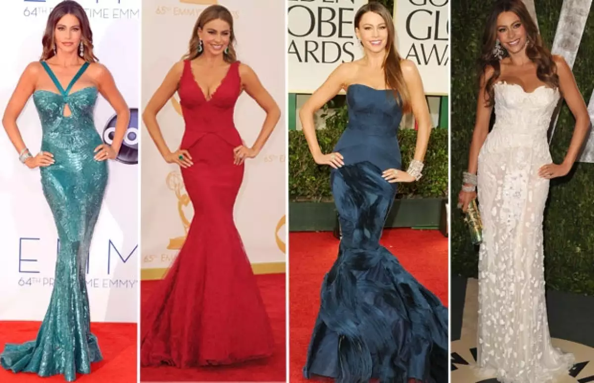 Este tipo de corte es el preferido de la actriz, pues sin duda le favorece. De izquierda a derecha: Sofía durante los Emmy 2012, posteriormente durante los de este año, seguido de la entrega de premios Golden Globes del año pasado y finalmente en la fiesta de Vanity Fair post Oscar.