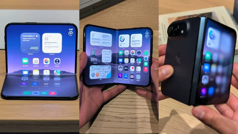 Tres imágenes del iPhone Duo en donde se muestra las maneras en que se puede doblar.